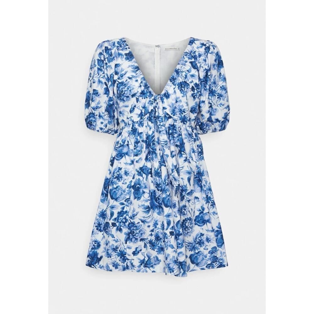 Abercrombie & Fitch Blue Floral Mini Dress Cotton Blend Puff Sleeve Size XS